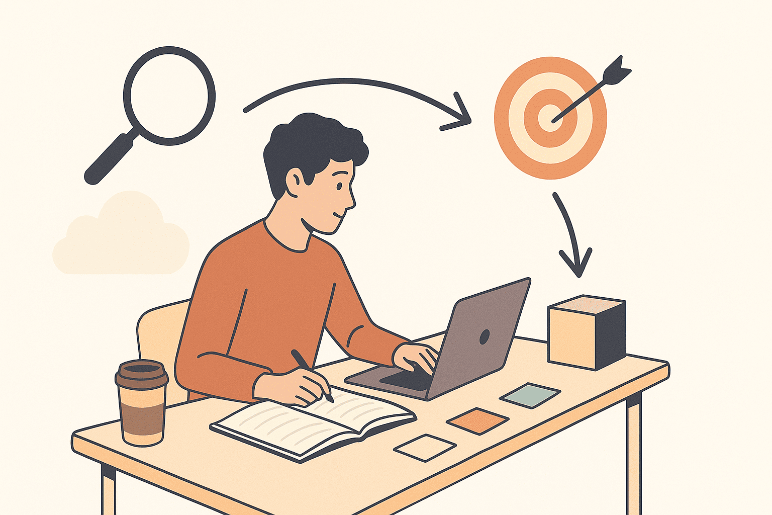 Student researching at a laptop with a notebook, magnifying glass, and target icon—visualizing the path from research question to thesis